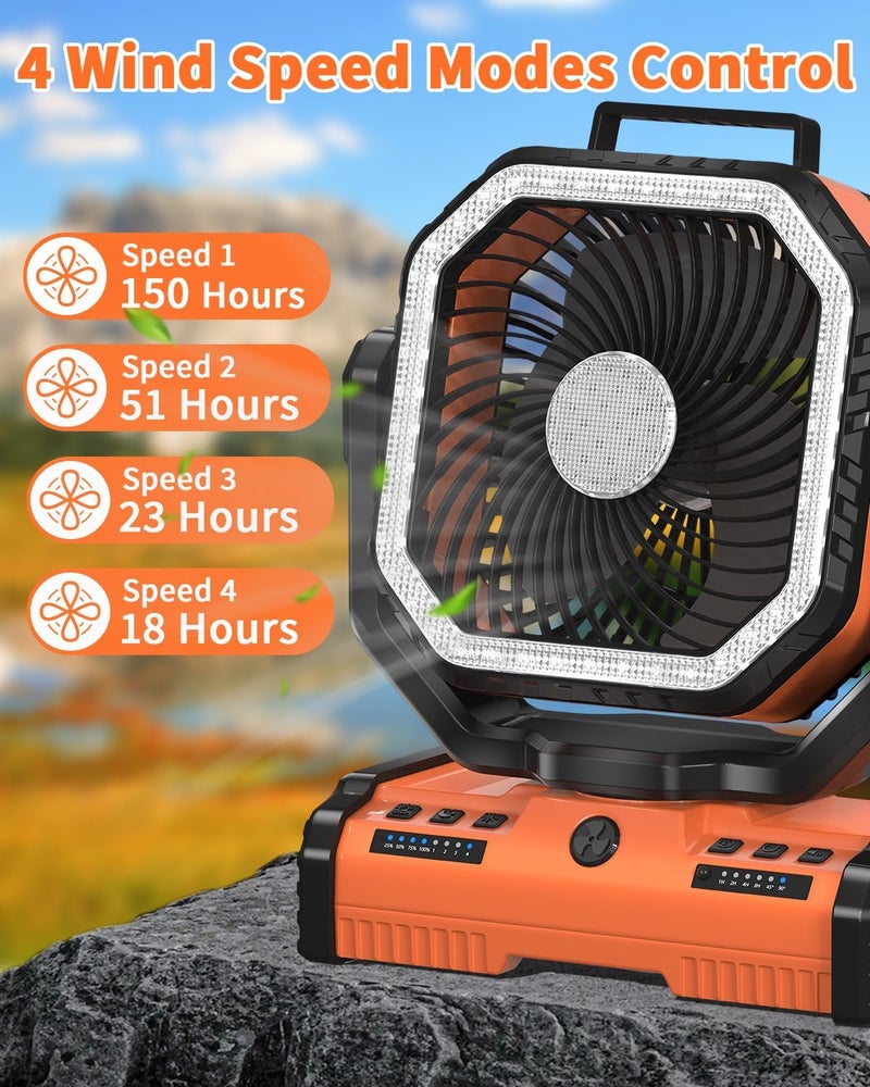 Adust 12 Inch Camping Battery Operated Powered Fan with LED Lantern Light,44000mAh Rechargeable Portable Oscillating Fan with 360° Rotation Hanging Hook for Tents, Cordless USB Desk Fan(Orange) - Image 3